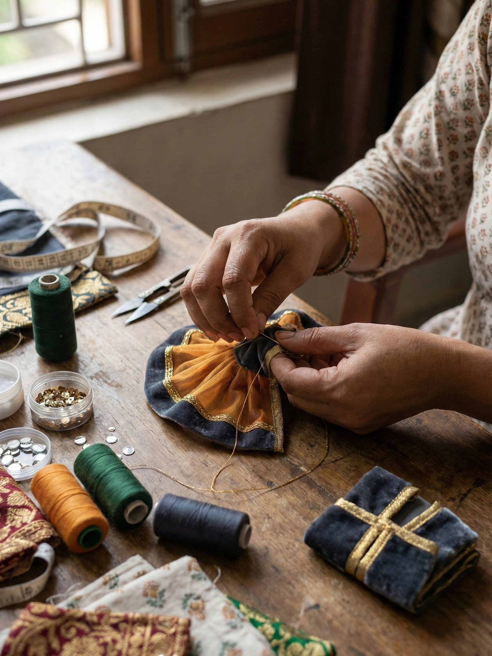 Artisan hand-stitching embroidered Laddu Gopal poshak with intricate butti work at Gopalji Fashion
