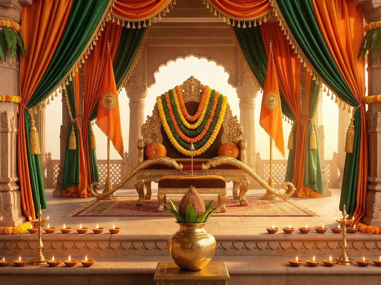 Ram Navami Laddu Gopal poshak: Saffron or green silk poshak with miniature bow-arrow prop